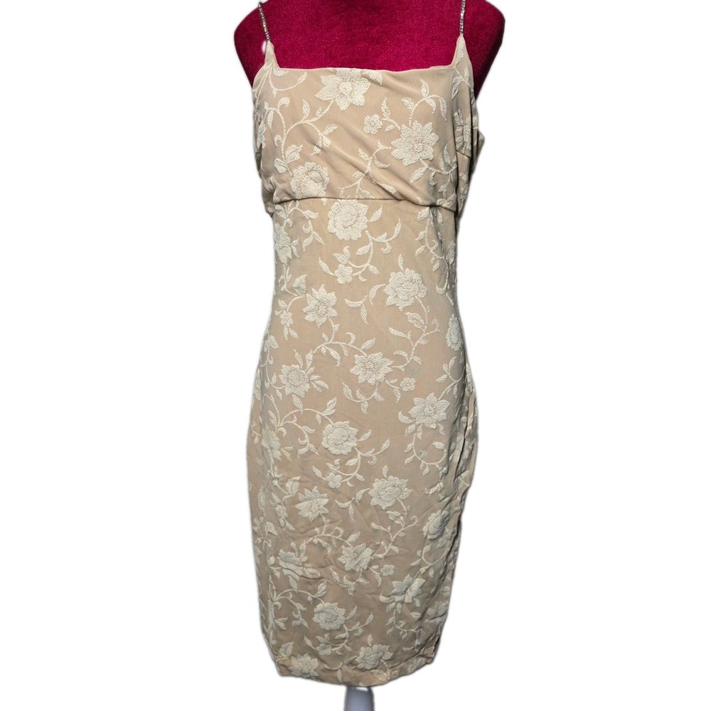 Jessica McClintock Gunne Sax Nude Floral Rhinestone Y2K Dress 13/14 M